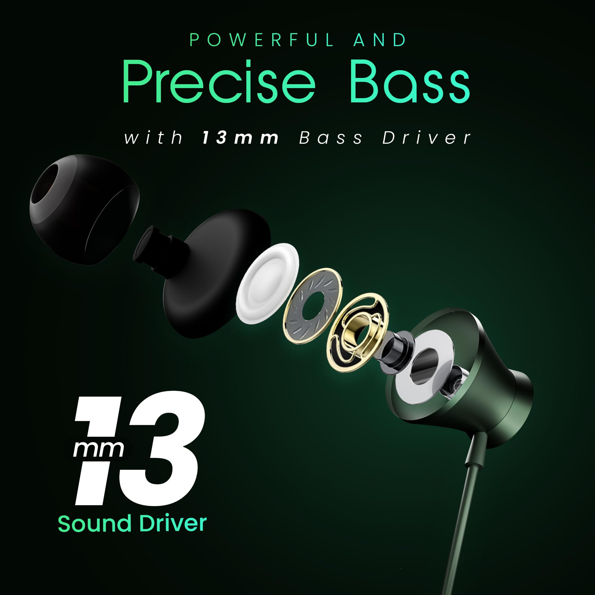 HAMMER Nova in Ear C Type Earphones Wired with Mic13mm Driver in-line Control Metallic Built Powerful Bass Comfortable  Lightweight Green