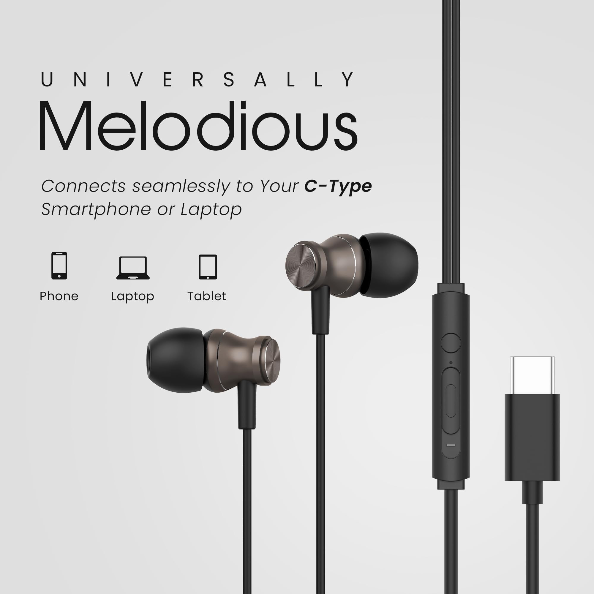 HAMMER Nova in Ear C Type Earphones Wired with Mic13mm Driver in-line Control Metallic Built Powerful Bass Comfortable  Lightweight Black