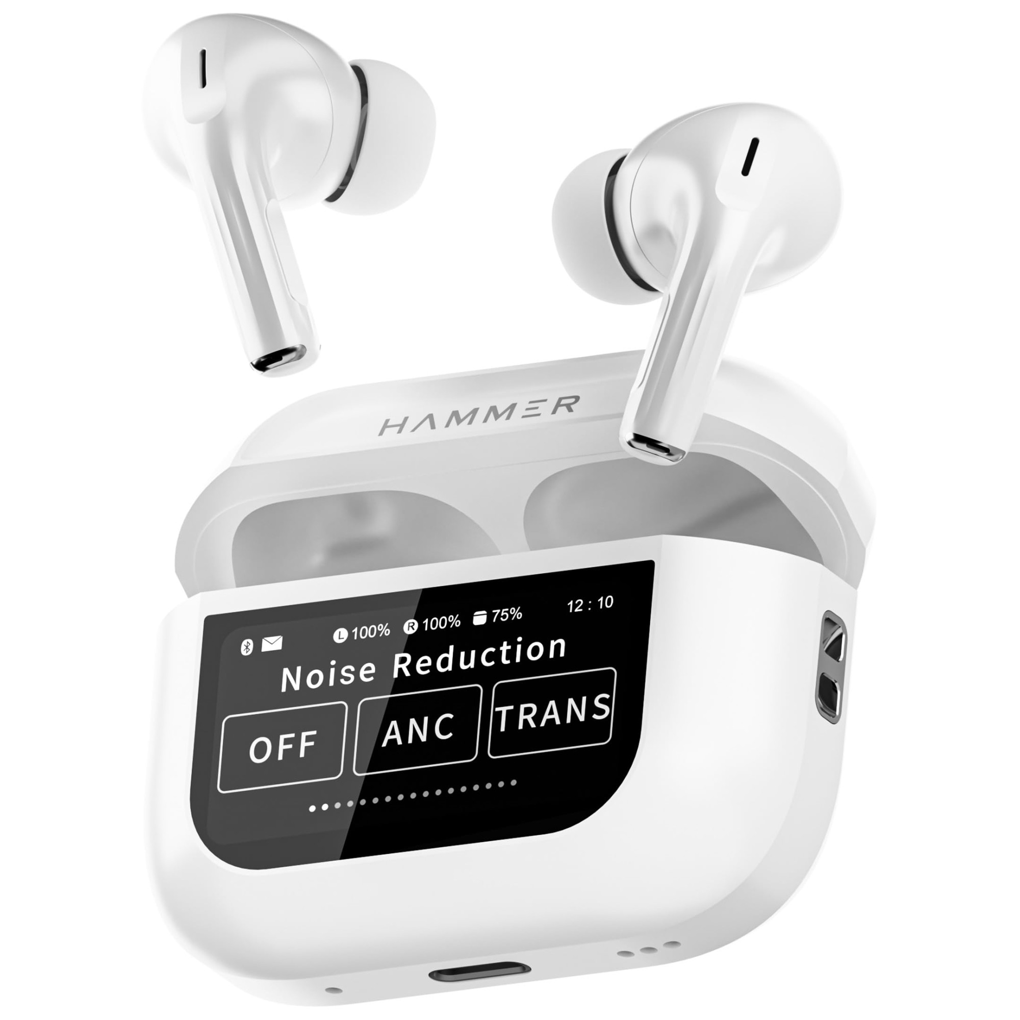 HAMMER Screen TWS ANC 32dB Smart Touch Display True Wireless Buds Type-C Fast Charging Bv54 Find My Earbuds 4 Mics ENC for Clear Calling Transparency Mode EQ Mode White