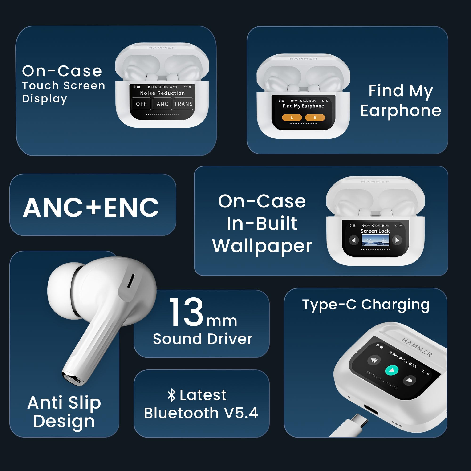 HAMMER Screen TWS ANC 32dB Smart Touch Display True Wireless Buds Type-C Fast Charging Bv54 Find My Earbuds 4 Mics ENC for Clear Calling Transparency Mode EQ Mode White