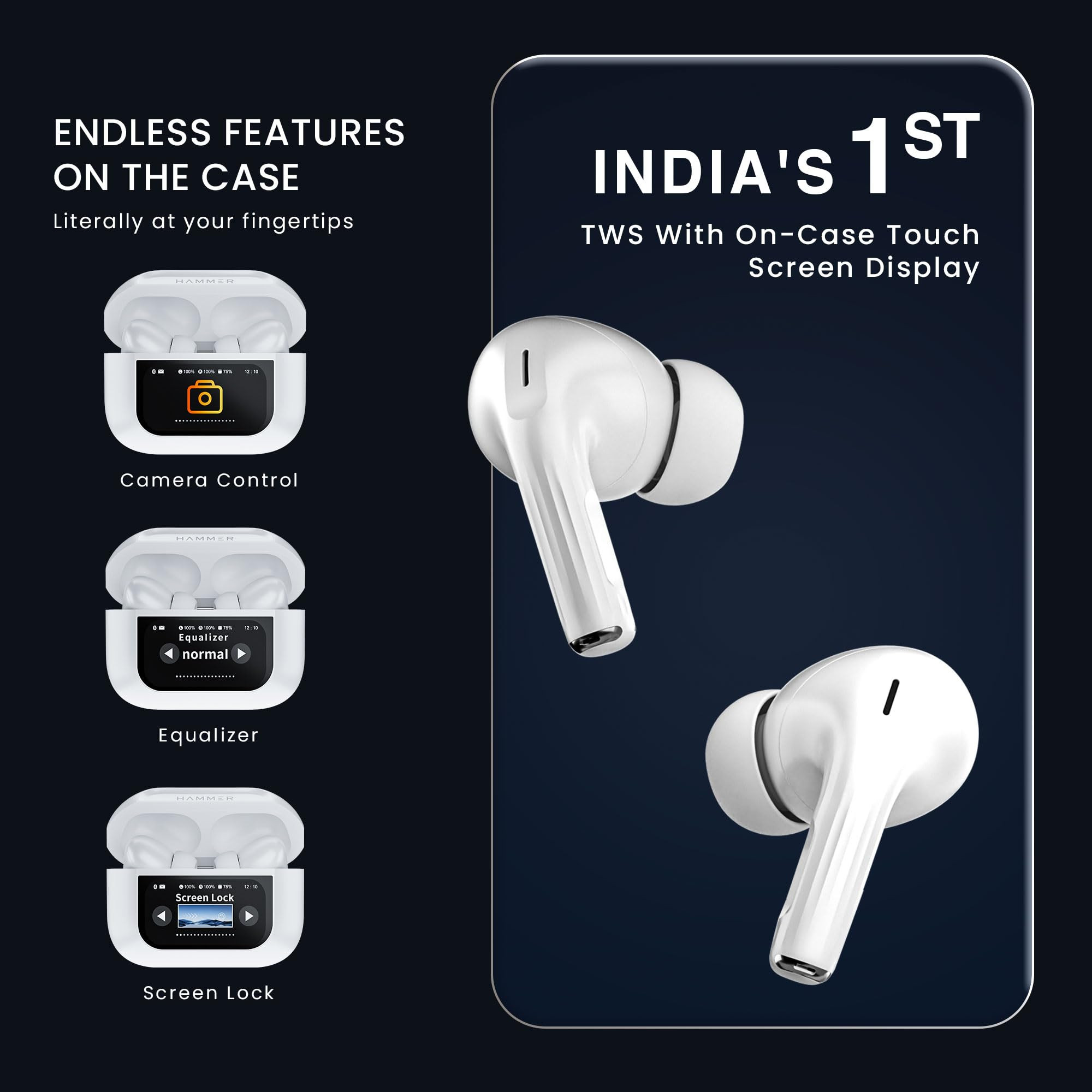 HAMMER Screen TWS ANC 32dB Smart Touch Display True Wireless Buds Type-C Fast Charging Bv54 Find My Earbuds 4 Mics ENC for Clear Calling Transparency Mode EQ Mode White