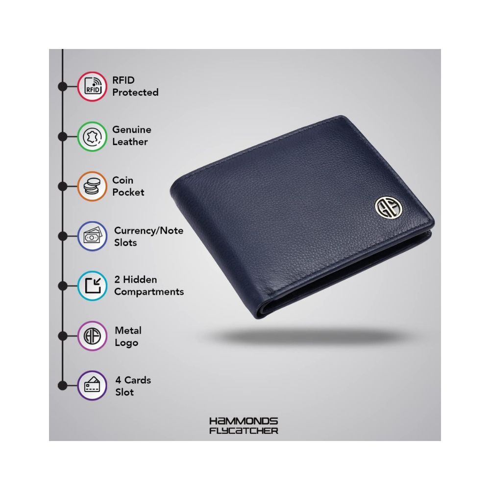 HAMMONDS FLYCATCHER RFID Protected Blue Nappa Genuine Leather Wallet for Men 4 Card Slots