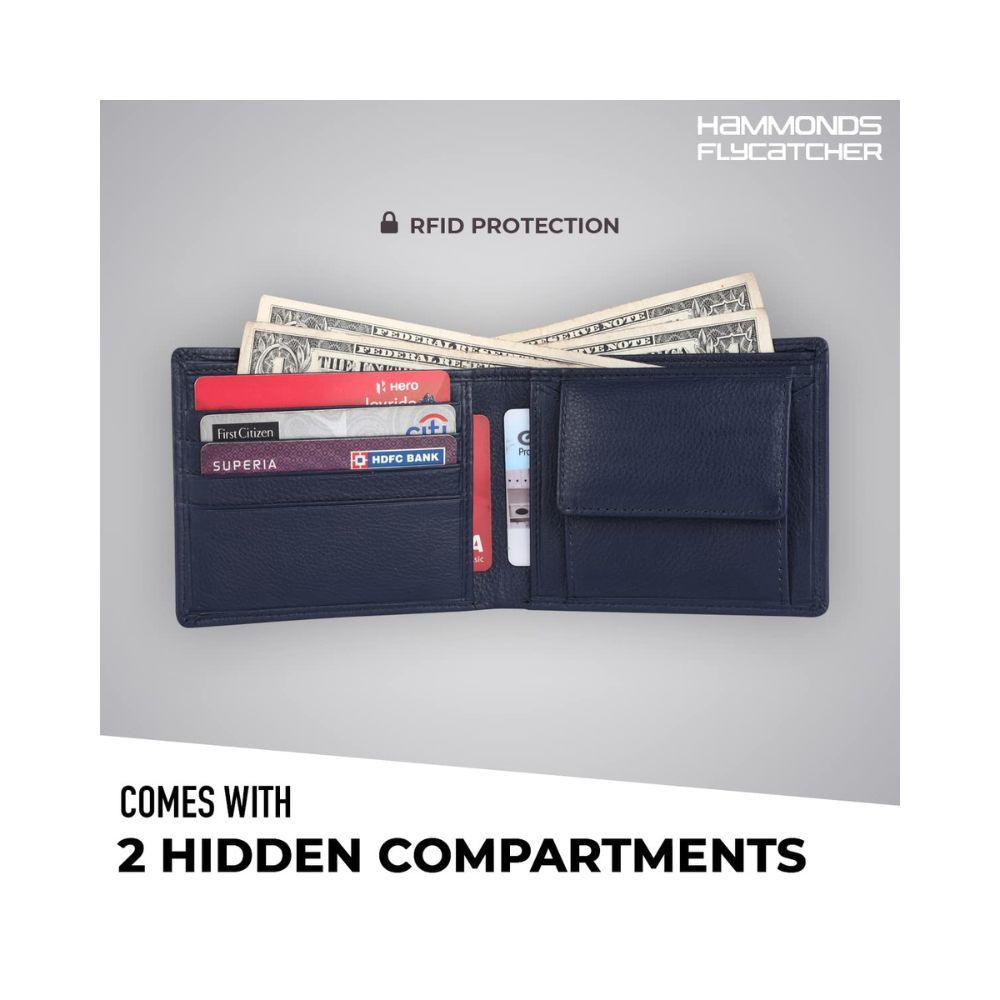 HAMMONDS FLYCATCHER RFID Protected Blue Nappa Genuine Leather Wallet for Men 4 Card Slots