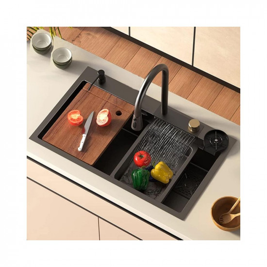 HAPPY HOMES 304 Grade 30x18x9 inch Kitchen Sink with Integrated Waterfall and Pull Down Faucet with Metal Tray with Fruit Basket and Complete Accessories