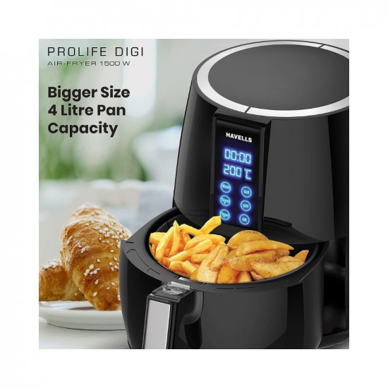 Havells Air Fryer Prolife Digi with 4L Capacity | Digital Touch Panel | Auto On/Off | 60 Min Timer | Basket Release Button | Air Filtration System | 2 Yr Warranty, Black
