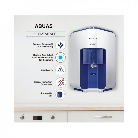 Havells AQUAS Water Purifier, First corner mounting design (Patented)|Copper+Zinc+pH Balance+Natural Minerals|5 stage Purification|7L Transparent Tank|RO+UF Purification Tech. (White and Blue)
