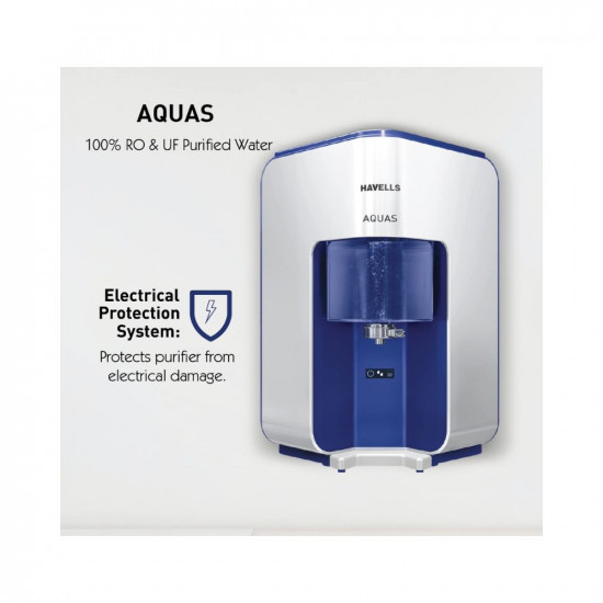 Havells AQUAS Water Purifier, First corner mounting design (Patented)|Copper+Zinc+pH Balance+Natural Minerals|5 stage Purification|7L Transparent Tank|RO+UF Purification Tech. (White and Blue)
