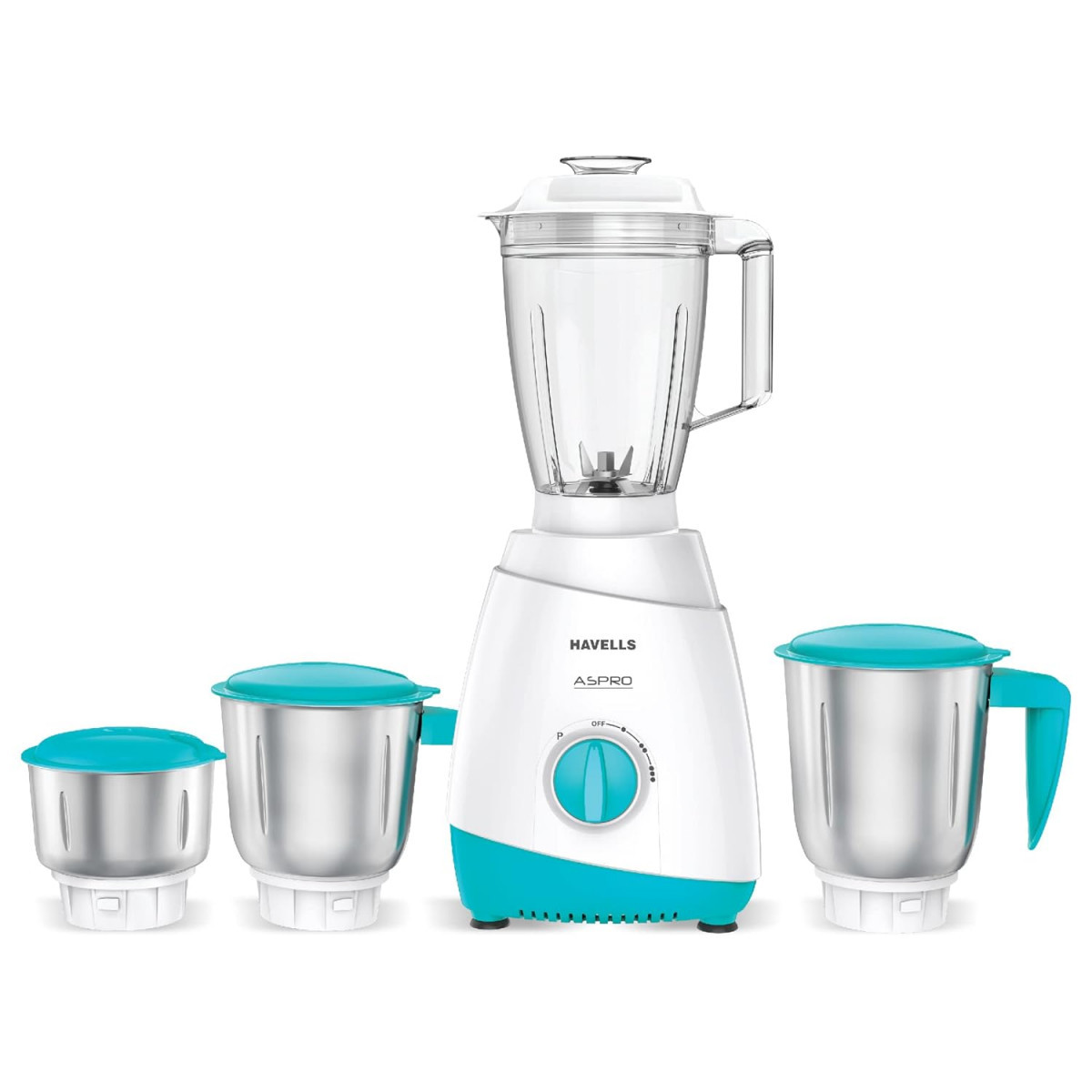 Havells Aspro 4 Jar 500 watt Mixer Grinder with 175Ltr Polycarbonate Jar with Fruit Filter 21000 RPM Overload Protector 2 Yr Product  5 Yr Motor Warranty White and Light Blue