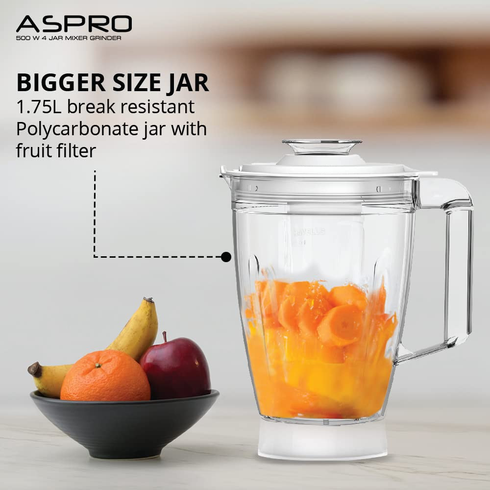 Havells Aspro 4 Jar 500 watt Mixer Grinder with 175Ltr Polycarbonate Jar with Fruit Filter 21000 RPM Overload Protector 2 Yr Product  5 Yr Motor Warranty White and Light Blue
