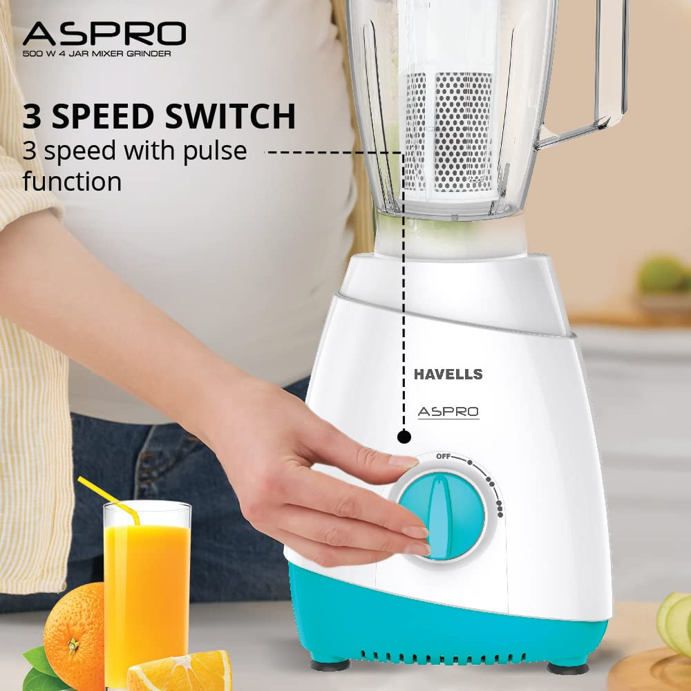 Havells Aspro 4 Jar 500 watt Mixer Grinder with 175Ltr Polycarbonate Jar with Fruit Filter 21000 RPM Overload Protector 2 Yr Product  5 Yr Motor Warranty White and Light Blue