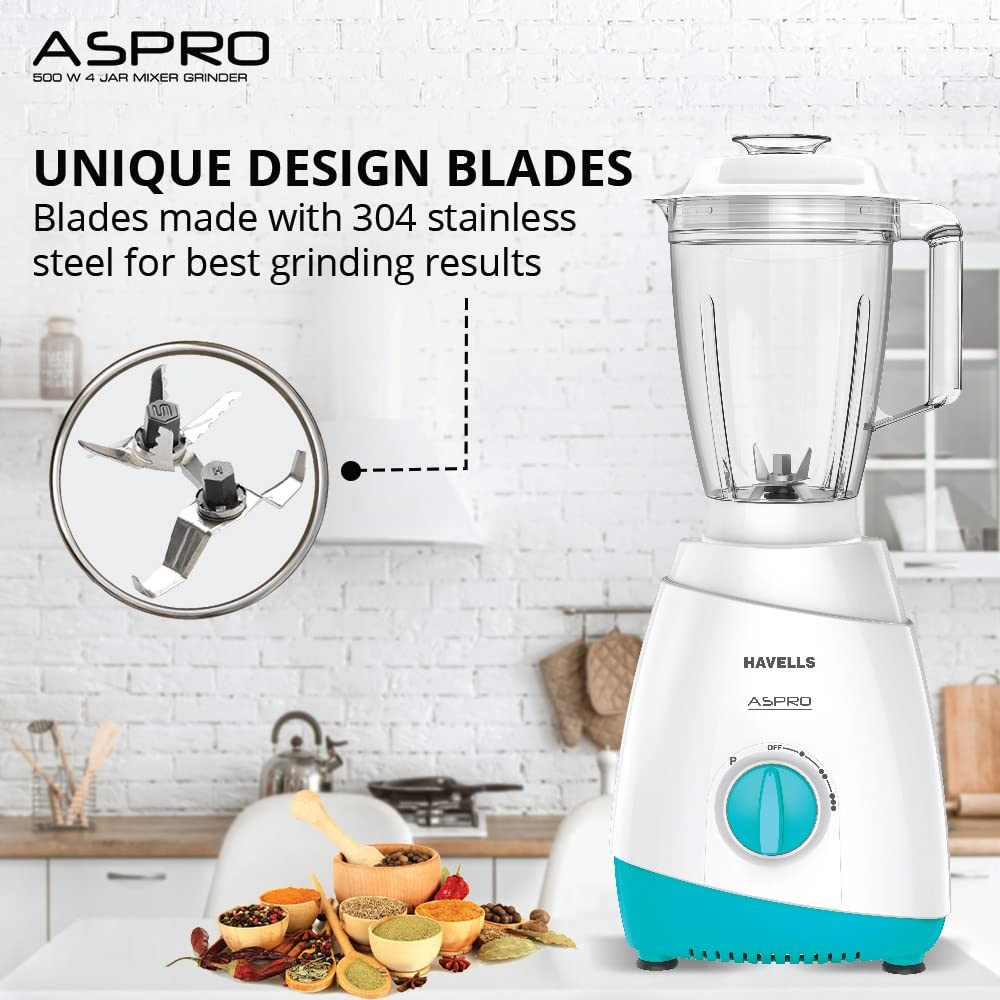 Havells Aspro 4 Jar 500 watt Mixer Grinder with 175Ltr Polycarbonate Jar with Fruit Filter 21000 RPM Overload Protector 2 Yr Product  5 Yr Motor Warranty White and Light Blue