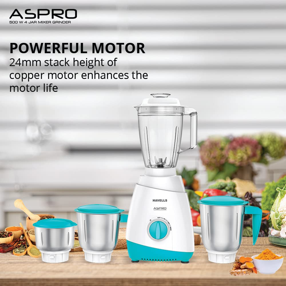 Havells Aspro 4 Jar 500 watt Mixer Grinder with 175Ltr Polycarbonate Jar with Fruit Filter 21000 RPM Overload Protector 2 Yr Product  5 Yr Motor Warranty White and Light Blue