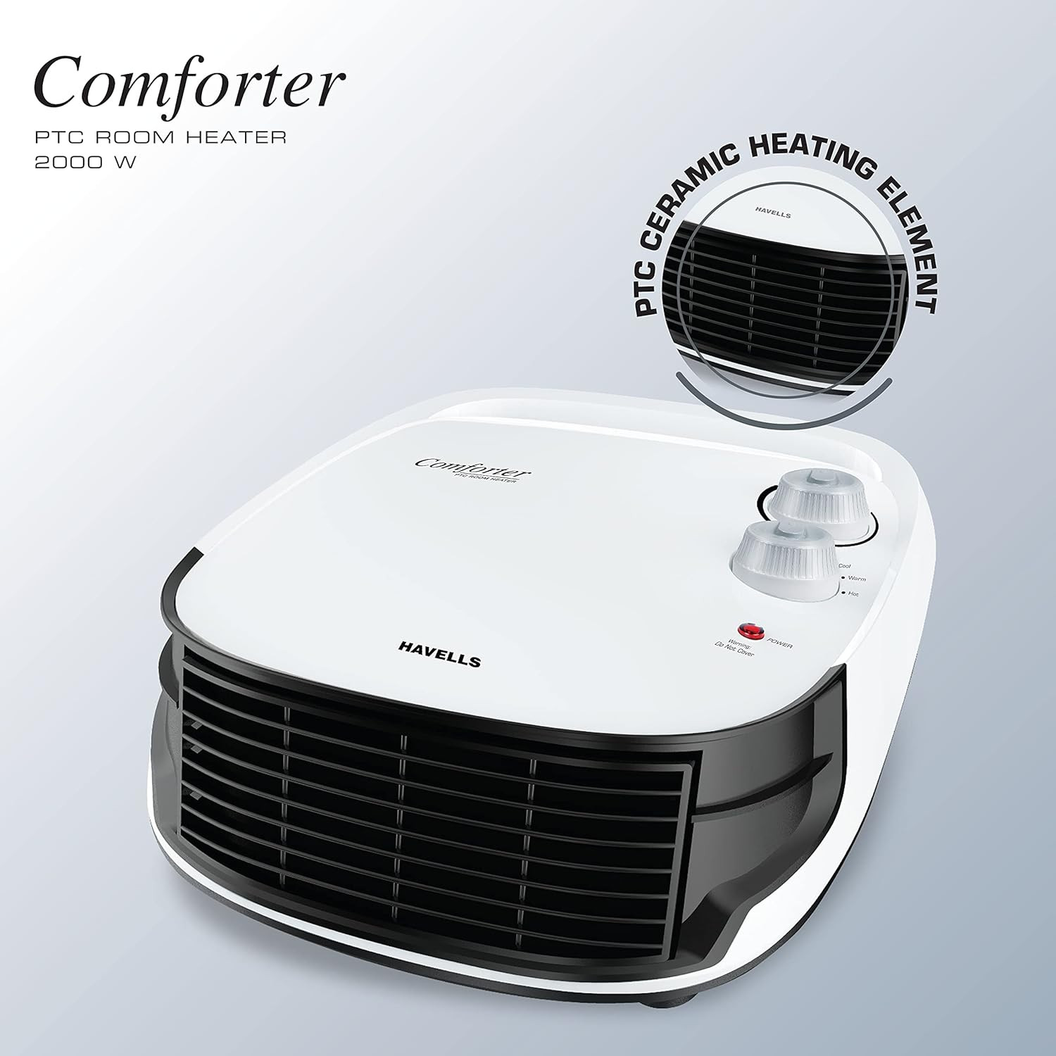 Havells Comforter Room Heater 2000 Watt with Overheat Protection Adjustable Thermostat Control Knob Adjustable Vent for Air Delivery White and Black