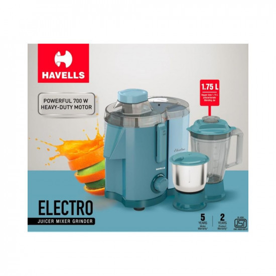 Havells Electro 2 Jar 700 Watts Heavy Duty Juicer Mixer Grinder,21000 Rpm,2L Detachable Pulp Container,Large Size 1.75Ltr Polycarbonate Blending Jar,2 Yr Product Warranty & 5 Yr Motor Warranty Blue