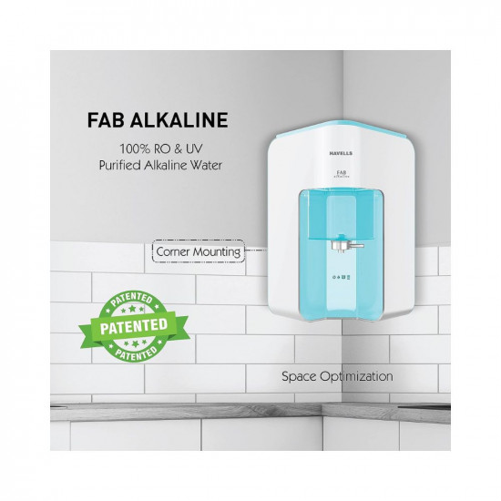 Havells Fab Alkaline Water Purifier, First corner mounting design (Patented)|Copper+Zinc+Alkaline+Natural Minerals|7 Stage Purification|7L Transparent Tank|Filter alert|RO+UV Tech. (White & Sky Blue)