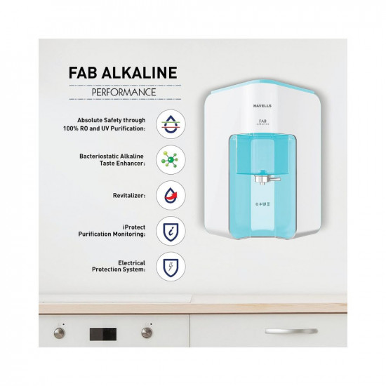Havells Fab Alkaline Water Purifier, First corner mounting design (Patented)|Copper+Zinc+Alkaline+Natural Minerals|7 Stage Purification|7L Transparent Tank|Filter alert|RO+UV Tech. (White & Sky Blue)