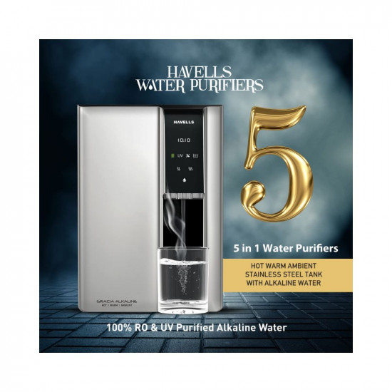 Havells Gracia Alkaline Water Purifier|Hot|Warm|Ambient dispensing, Copper+Zinc+natural minerals, 8 stage Purification, 6.8L Stainless Steel tank, RO+UV+UV LED, 24*7 Tank Sanitization (Silver & Black)