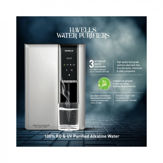 Havells Gracia Alkaline Water Purifier|Hot|Warm|Ambient dispensing, Copper+Zinc+natural minerals, 8 stage Purification, 6.8L Stainless Steel tank, RO+UV+UV LED, 24*7 Tank Sanitization (Silver & Black)