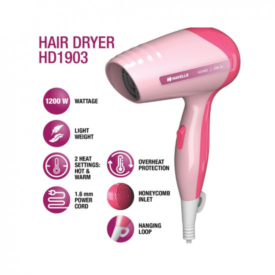 Havells HD1903 1200 Watts Powerful Hair Dryer, 2 Heat (Hot & Warm) Settings, Overheat Protection, 2 Year Guarantee (Premium Pink)