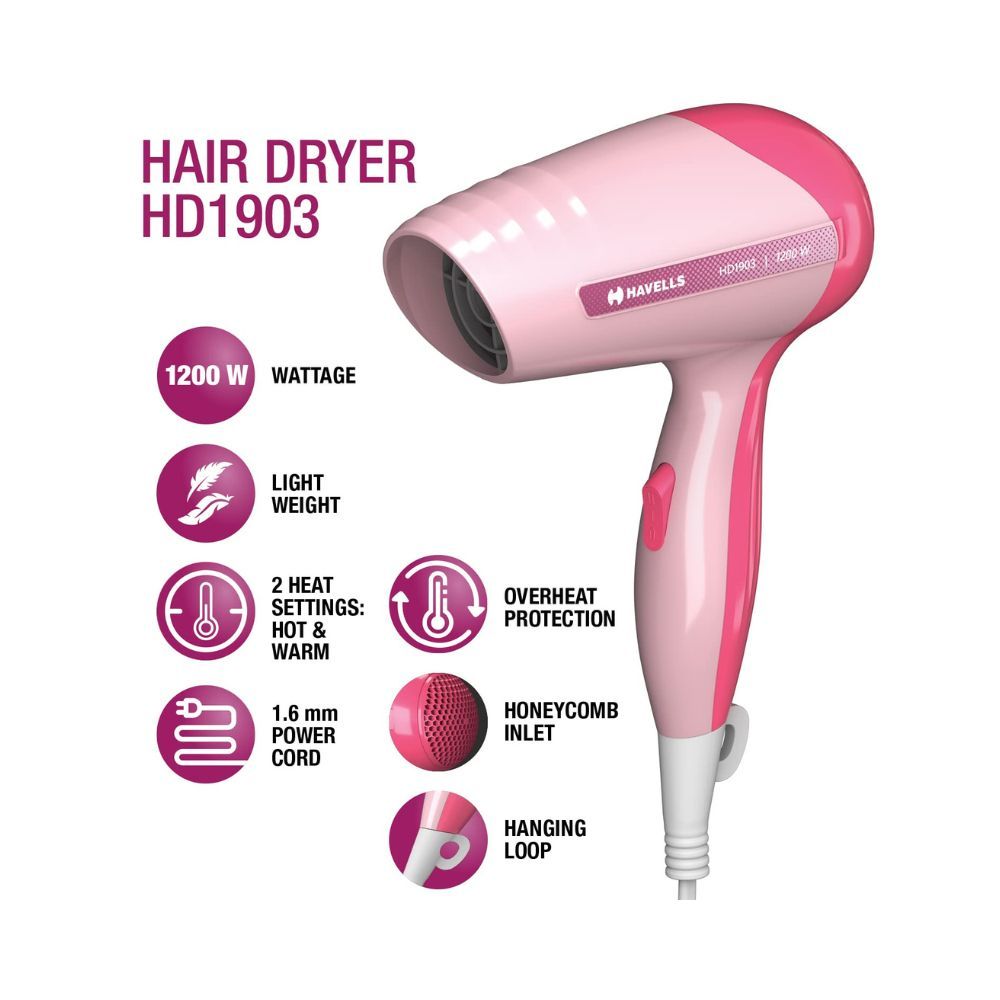 Havells HD1903, 1200 W,Travel Friendly Hair Dryer (Premium Pink)
