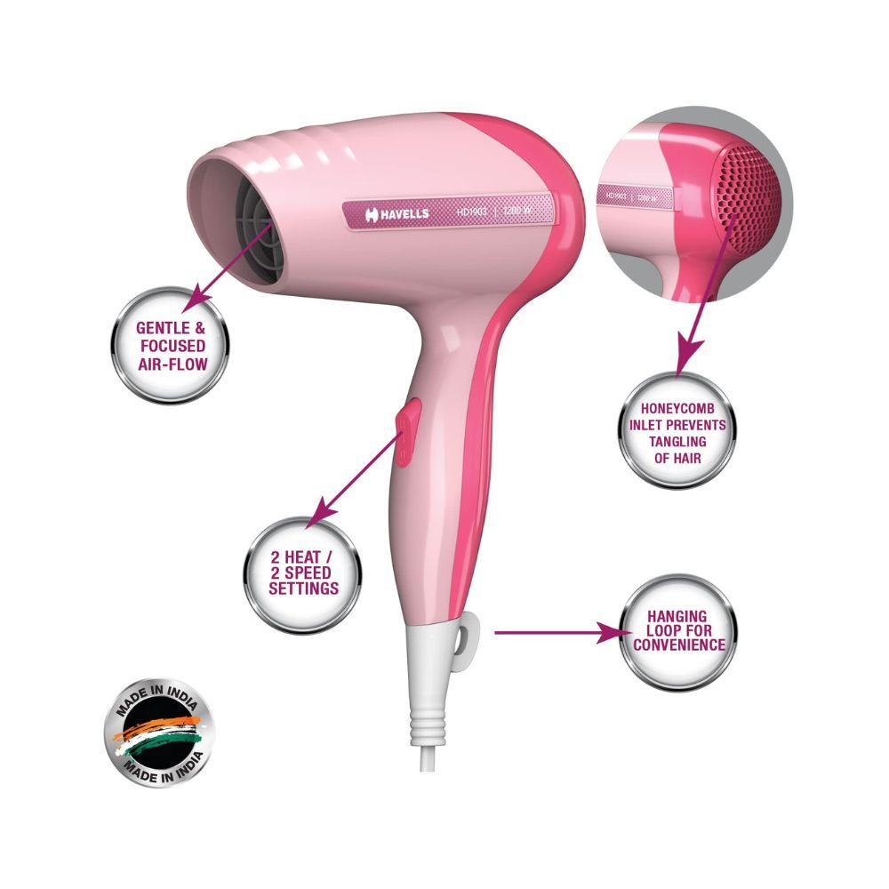 Havells HD1903, 1200 W,Travel Friendly Hair Dryer (Premium Pink)