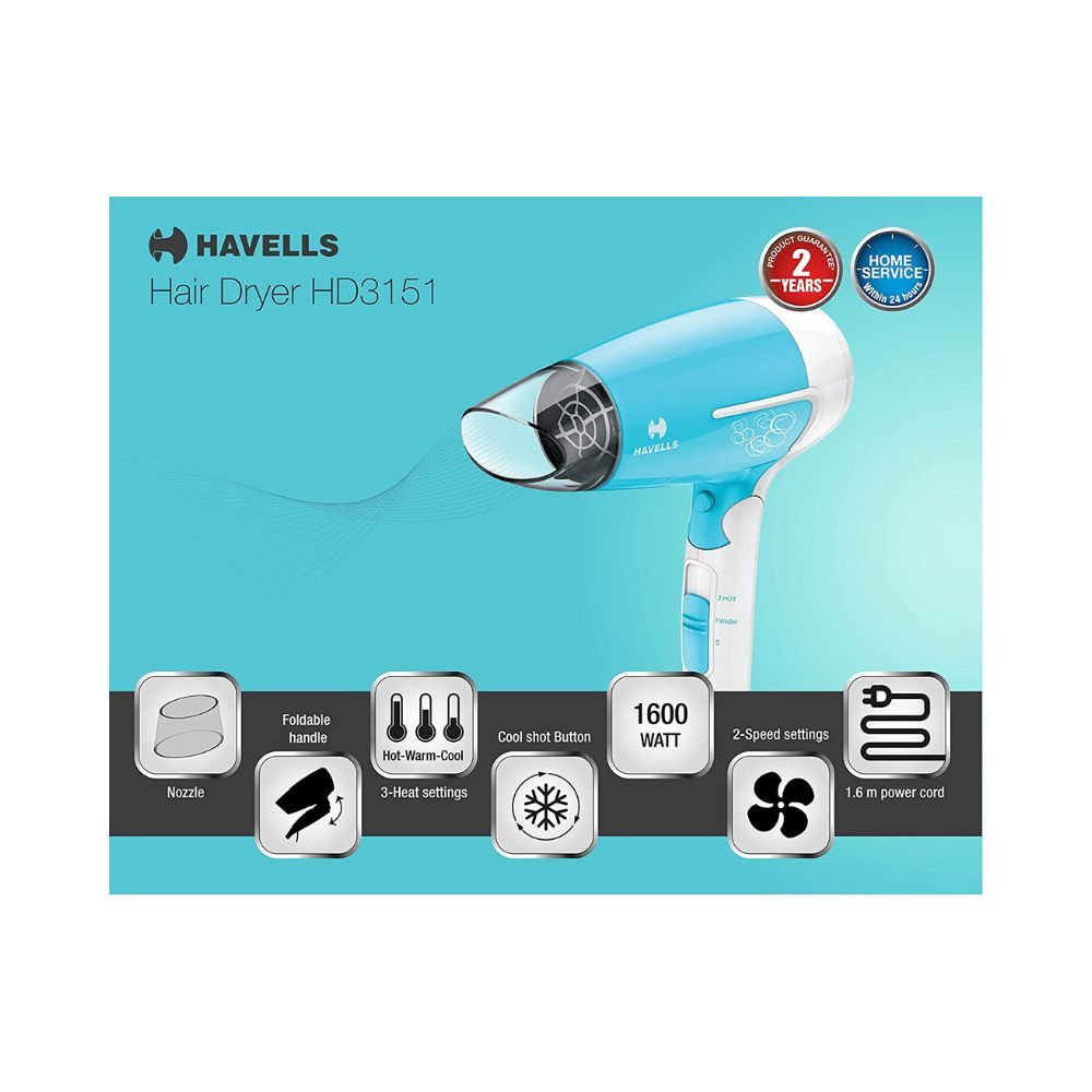 Havells HD3151 1200 W Foldable Hair Dryer; 3 Heat (Hot/Cool/Warm) Settings including Cool Shot button