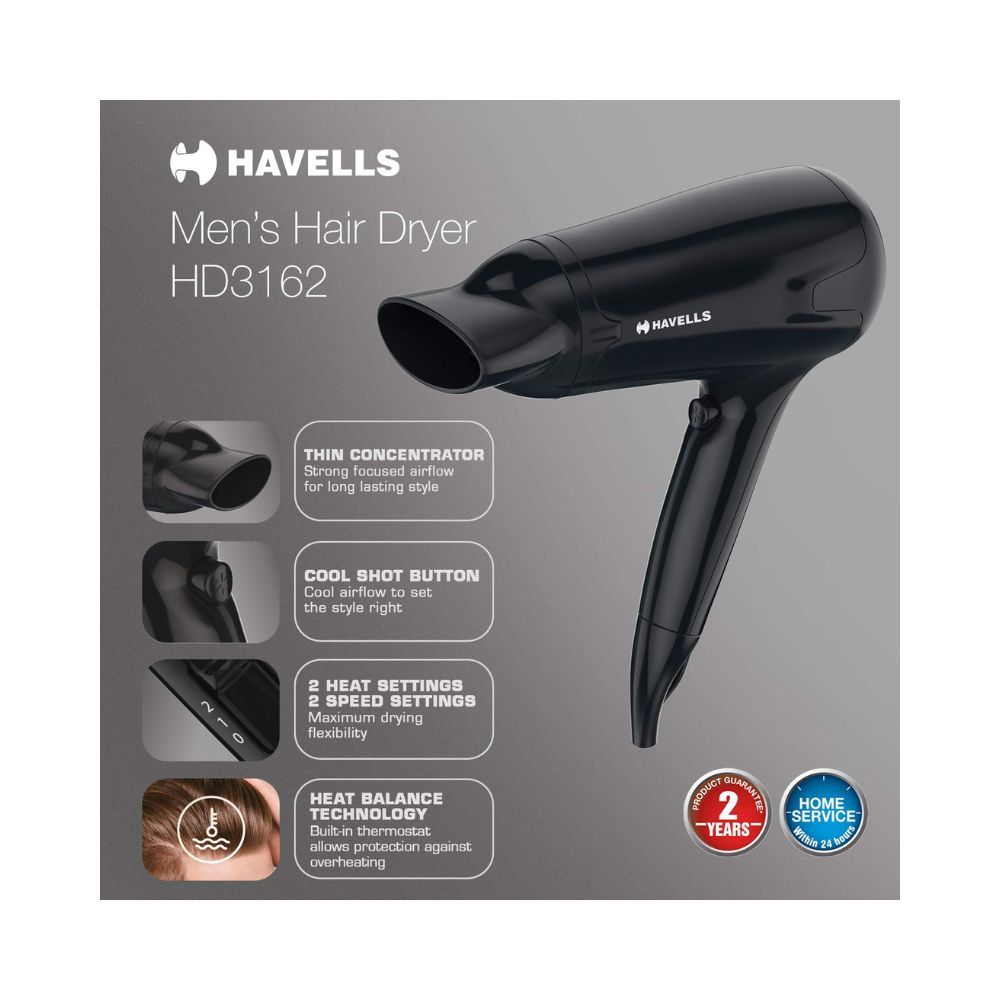 Havells HD3162 Men's 1565 Watts Powerful Hair Dryer with Thin Concentrator and Cool Shot Button
