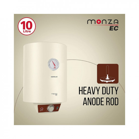 Havells Monza EC 10 L Storage Water Heater, Metallic Body, 2000 W, With Free Flexi Pipe and Free Installation, Warranty: 7 Yr on Inn. Container; 4 Yr on Heating Element; 2 Yr Compre., (Ivory)