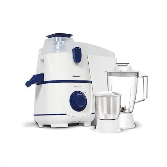 Havells Rigo Juicer Mixer Grinder, 500 Watt, 2 Jars|1.75 polycarbonate jar|2L large pulp container|foldable juicing spout|food pusher|stainless steel Sieve and Blades (White and Blue)