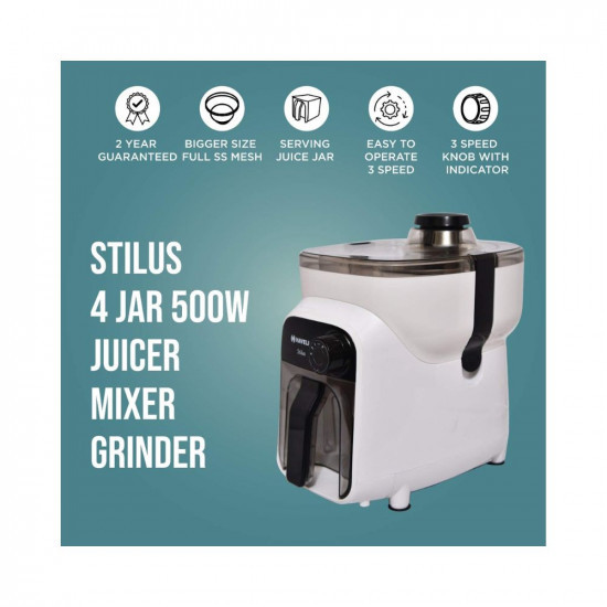 Havells Stilus 500 Watt Juicer Mixer Grinder 4 Jar With 3 Speed Led Indication,Big Size Pulp Container,Juicer Jar With Fruit Filter&Sliding Spout,1 Ltr Transparent Serving Jar(White/Black)500 Watt