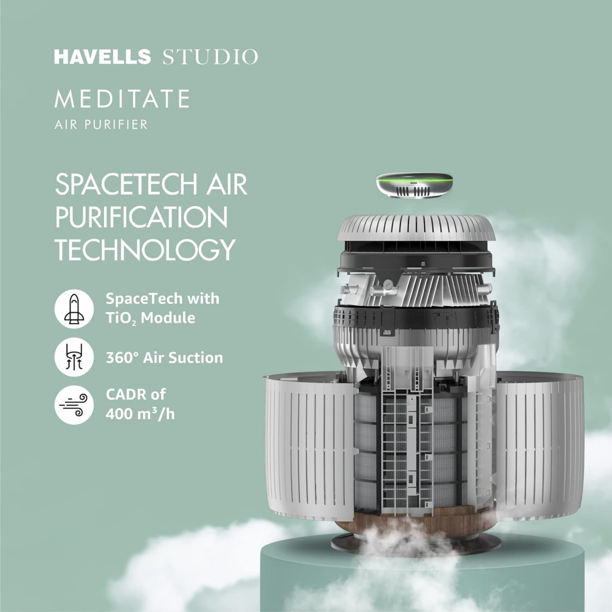 Havells Studio Meditate AP 400 Air purifier with SpaceTech Air Purification Technology with TiO2 module  Integrated H14 HEPA filter Silver Satin