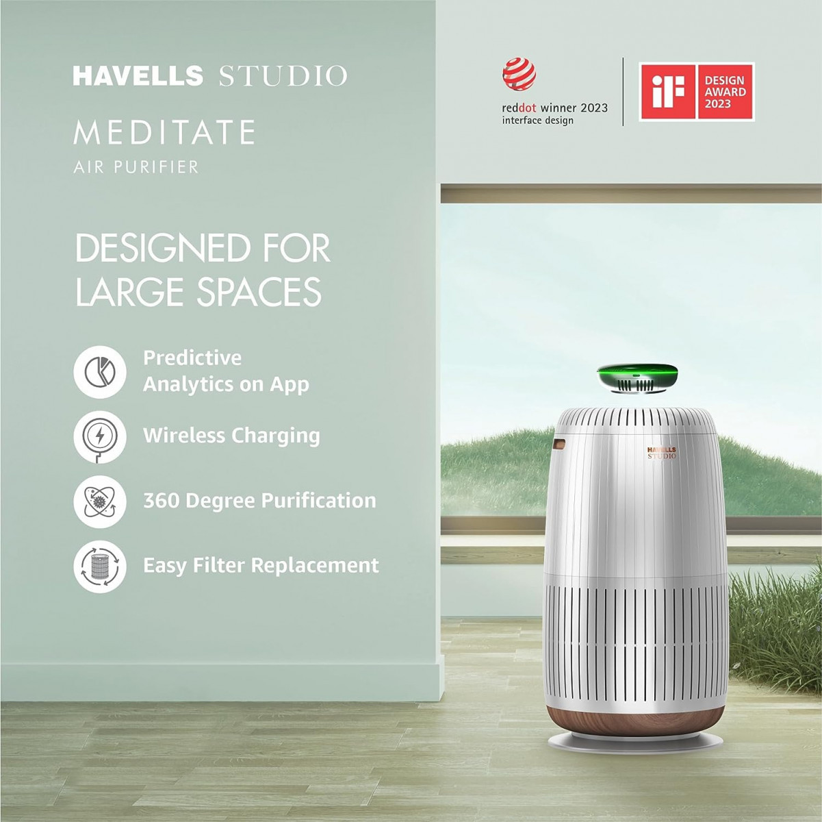 Havells Studio Meditate AP 400 Air purifier with SpaceTech Air Purification Technology with TiO2 module  Integrated H14 HEPA filter Silver Satin