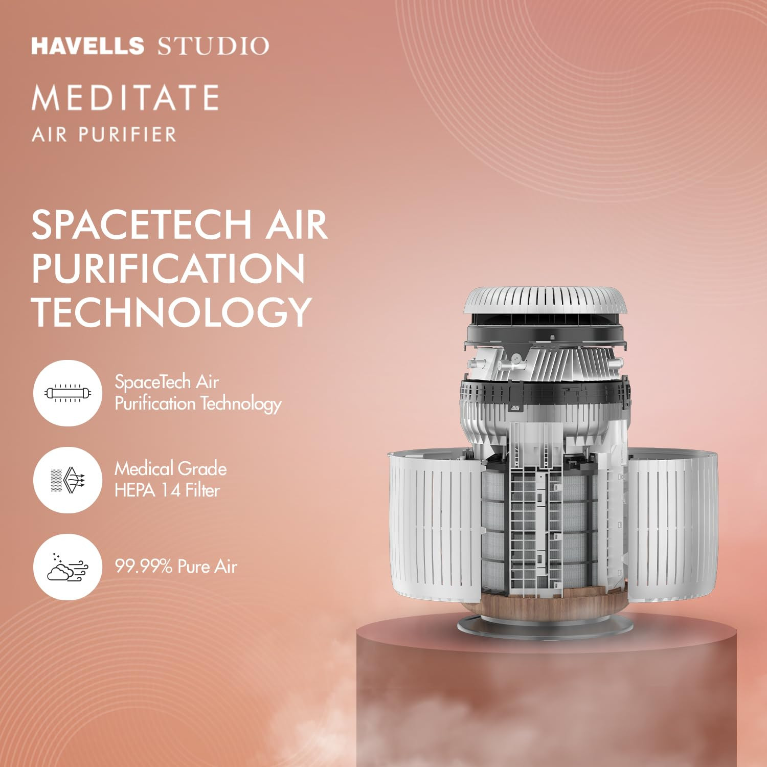 Havells Studio New Launch Air Purifier for HomeAQI DisplayRemote ControlCovers 377sqftH14 HEPA FilterWiFi AppVoice ControlSpaceTech Purification Removes 9998PM25 6 stages-360deg filtration
