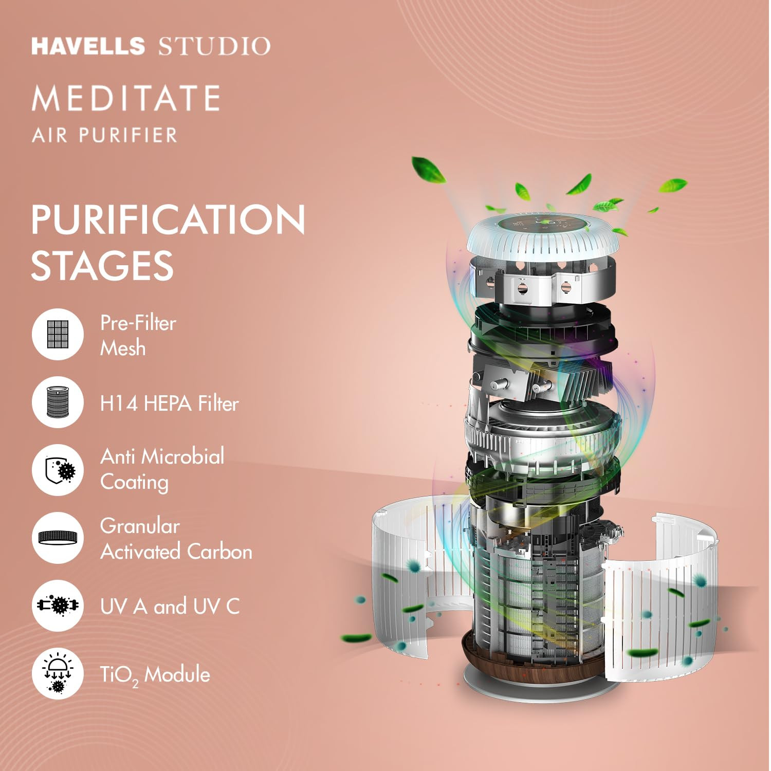 Havells Studio New Launch Air Purifier for HomeAQI DisplayRemote ControlCovers 377sqftH14 HEPA FilterWiFi AppVoice ControlSpaceTech Purification Removes 9998PM25 6 stages-360deg filtration