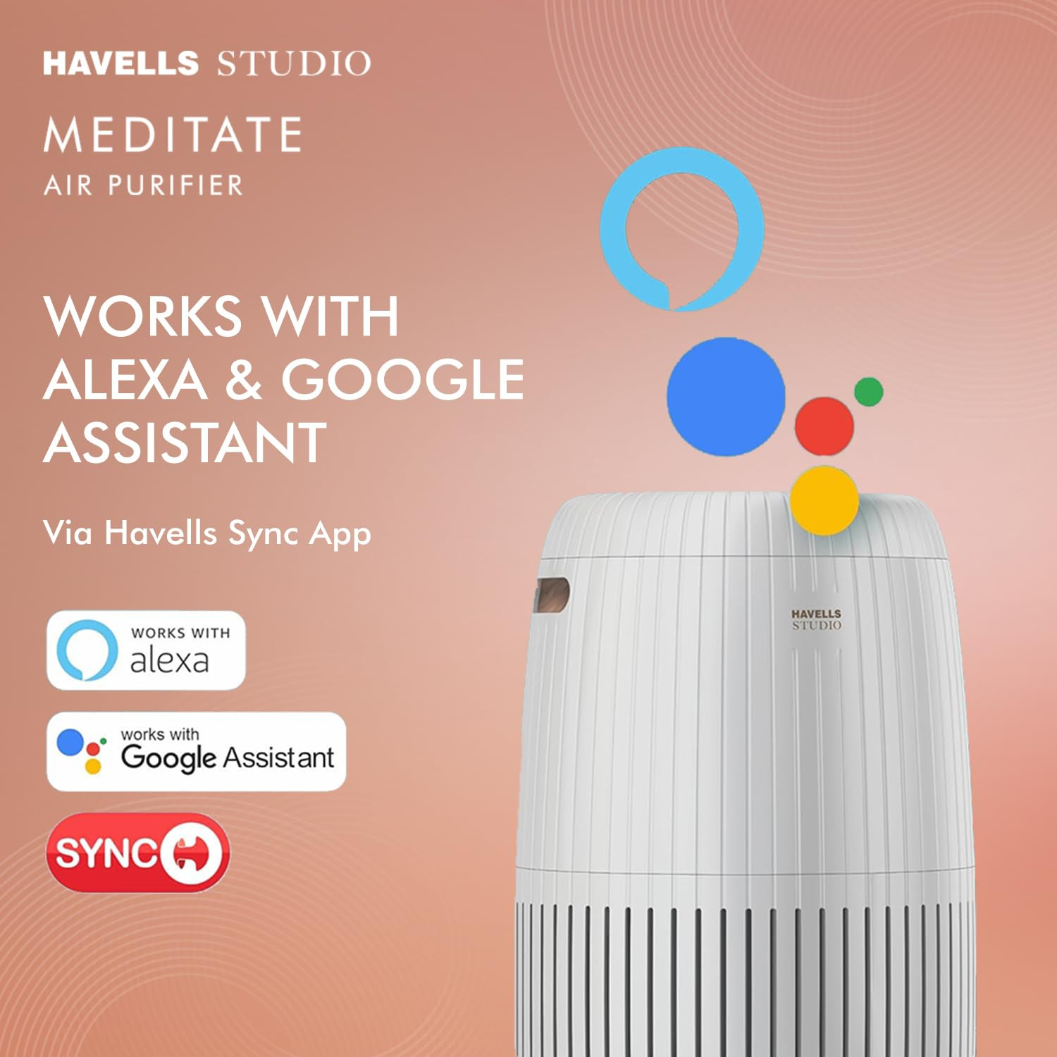Havells Studio New Launch Air Purifier for HomeAQI DisplayRemote ControlCovers 377sqftH14 HEPA FilterWiFi AppVoice ControlSpaceTech Purification Removes 9998PM25 6 stages-360deg filtration