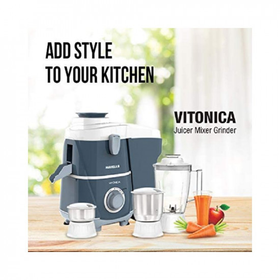 Havells Vitonica 500W Juicer Mixer Grinder with 3 Stainless Steel Jar, Large Size Pulp Container,Foldable Juicing Spout, 2 Yr Product Warranty & 5 Yr Motor warranty (White & Blue)