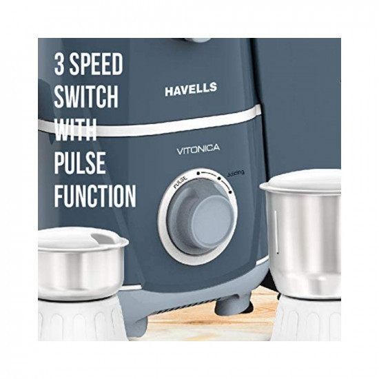 Havells Vitonica 500W Juicer Mixer Grinder with 3 Stainless Steel Jar, Large Size Pulp Container,Foldable Juicing Spout, 2 Yr Product Warranty & 5 Yr Motor warranty (White & Blue)