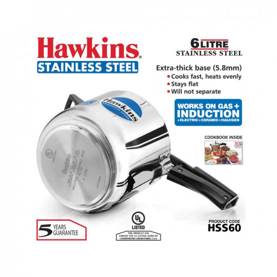 Hawkins 6 Litre Inner Lid Pressure Cooker, Stainless Steel Cooker, Induction Cooker, Silver (HSS60)