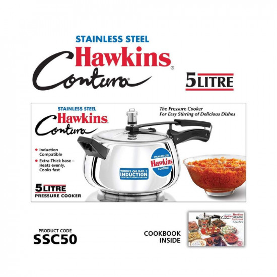 Hawkins Stainless Steel Contura Induction Compatible Inner Lid Pressure Cooker, 5 Litre, Silver (Ssc50), 5 Liter