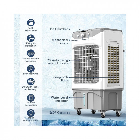HIFRESH Air Cooler for Home, 80CM Cooler with 3-Antibacterial Honeycomb Pads, 30L Tank, 3 Speeds, 4 Ice Packs, 70°Swing, Powerful Throw, Low Power Consumption Portable AC, Air Cooler for Room Cooling