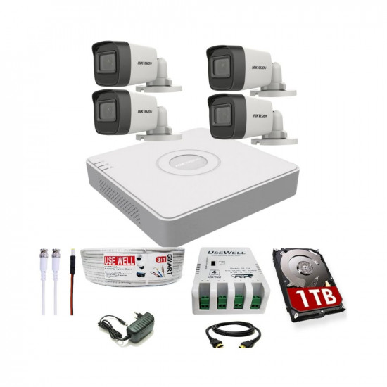 HIKVISION 4 Channel DVR with 5 MP 4 Bullet Cameras with Audio Recording + 1 TB HDD + (3+1) Cable roll + 4 CH Power Supply + USEWELL BNC & DC Full Combo Kit