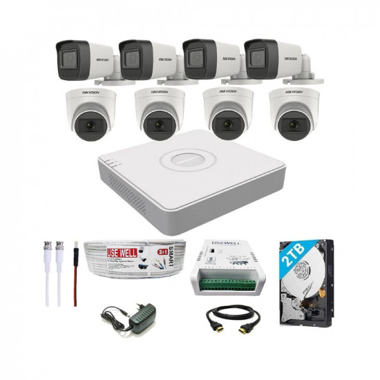 HIKVISION 8 Channel DVR with 5 MP 4 Dome & 4 Bullet Cameras with Audio Recording + 2 TB HDD + (3+1) Cable roll + 8 CH Power Supply + USEWELL BNC & DC Full Combo Kit