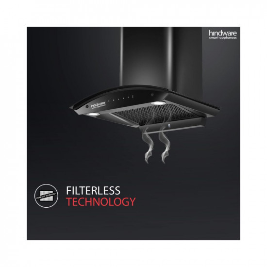 Hindware Smart Appliances Nadia IN 60 cm 1350 m³/hr Stylish Filterless Auto-Clean Kitchen Chimney With Metallic Oil Collector, Motion Sensor & Touch Control For Easy Operation (Curved Glass, Black)