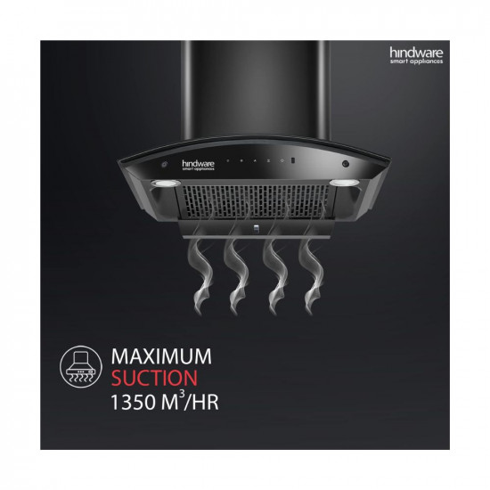 Hindware Smart Appliances Nadia IN 60 cm 1350 m³/hr Stylish Filterless Auto-Clean Kitchen Chimney With Metallic Oil Collector, Motion Sensor & Touch Control For Easy Operation (Curved Glass, Black)
