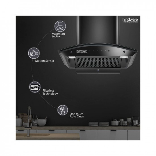 Hindware Smart Appliances Nadia IN 60 cm 1350 m³/hr Stylish Filterless Auto-Clean Kitchen Chimney With Metallic Oil Collector, Motion Sensor & Touch Control For Easy Operation (Curved Glass, Black)
