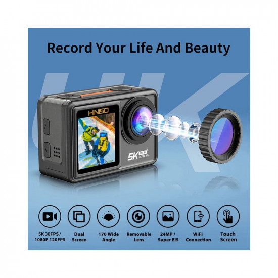 HINISO 5K Action Camera 24M Touchscreen WiFi Waterproof Camera with Dual Screen, EIS, IMX386 Sensor, Remote Control, 131 Feet Underwater Camera with External Mic & 3 Battery (AT-S81TR)