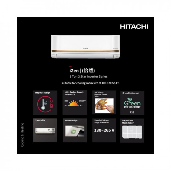 Hitachi 1 Ton 3 Star ice Clean Xpandable Plus Inverter Split AC (100% Copper, Dust Filter, 2023 Model, iZen 3400FXL, R32-RAS.G312PCAISF, Dual Gold)