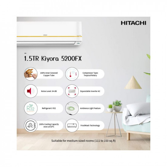Hitachi Split Ac - 1.5 Ton Kiyora 5200Fx I Fresh Inverter - R32 - RSRG518FFEO (Gold)