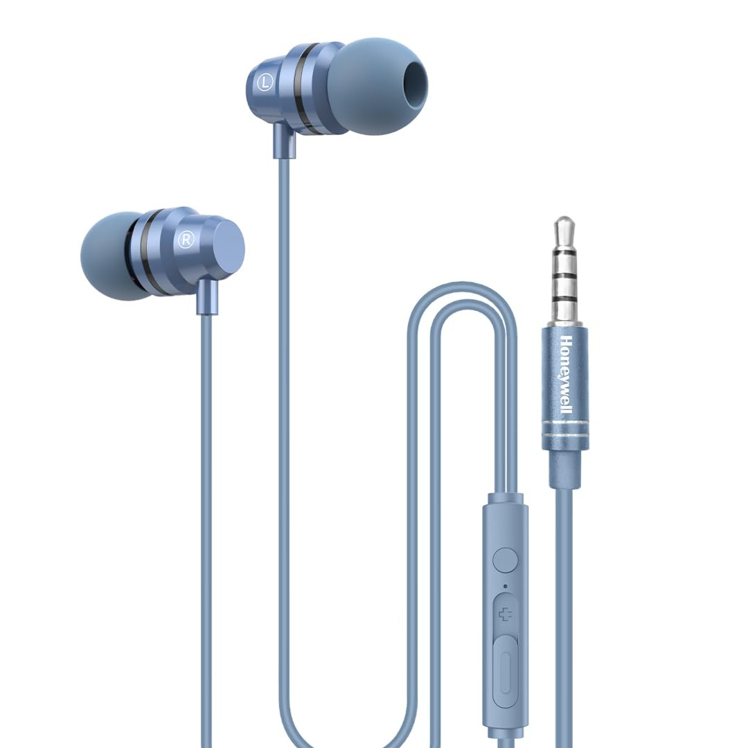 Honeywell Moxie V50 Wired Earphones with Built in Mic 10mm2 Drivers Passive Noise Cancellation Deep Bass  Clear Sound Ultra HD Mic Quality 35mm AUX Voice Assistant Enabled 12 Mtr