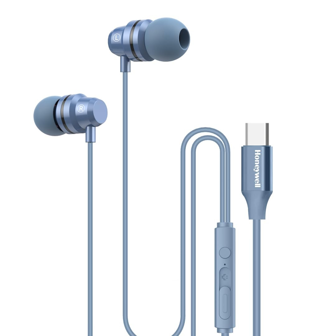 Honeywell Suono P60 Wired Earphones with Built in Mic 10mm2 Drivers Passive Noise Cancellation Deep Bass  Clear Sound Ultra HD Mic Quality Type C Compatible Voice Assistant Enabled 12 Mtr